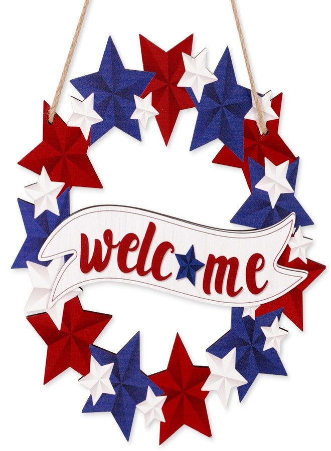 80UncleKimby 4th/Fourth of July Decorations Welcome Wreath for Front Door - Wooden Red White and Blue Star Sign, Patriotic Memorial Day Porch Home Wall Outside Decor - Image 1